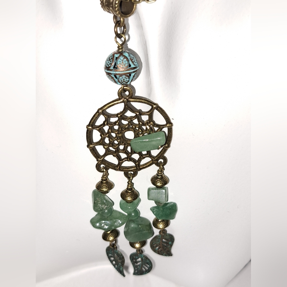 Dreamcatcher Pendant & Earrings with Green Aventurine Nuggets in Antique Bronze